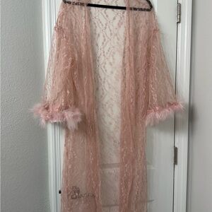 Elegant Pink Lace Robe with Feather Trim